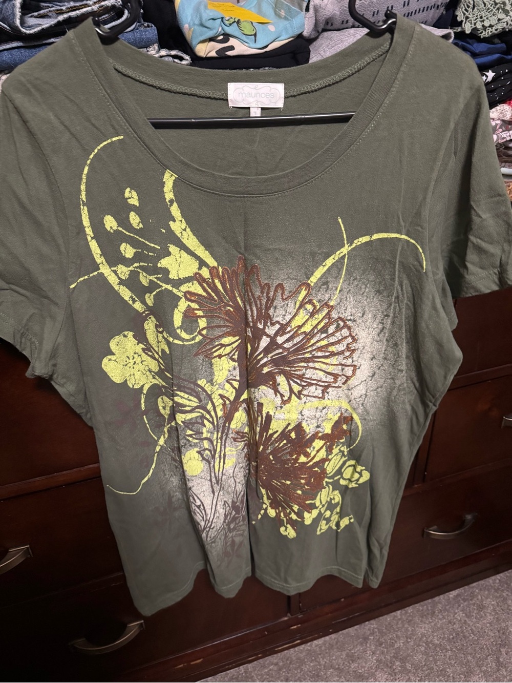 Maurices Olive Green Floral Scoop Neck Tee with Yellow & Brown Graphic